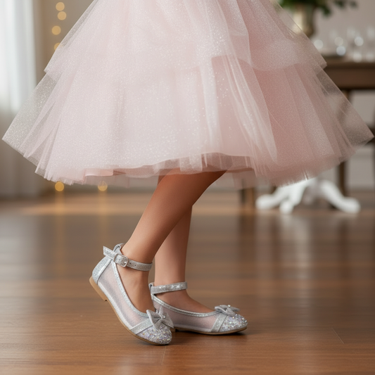 Little girl wearing silver sparkly rhinestone bow dress shoes at elegant wedding venue, flower girl shoes lifestyle photo