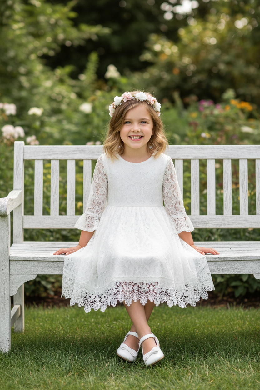 Girls white lace knee-length dress on 7-year-old seated in garden – long sleeve floral lace special occasion tween dress