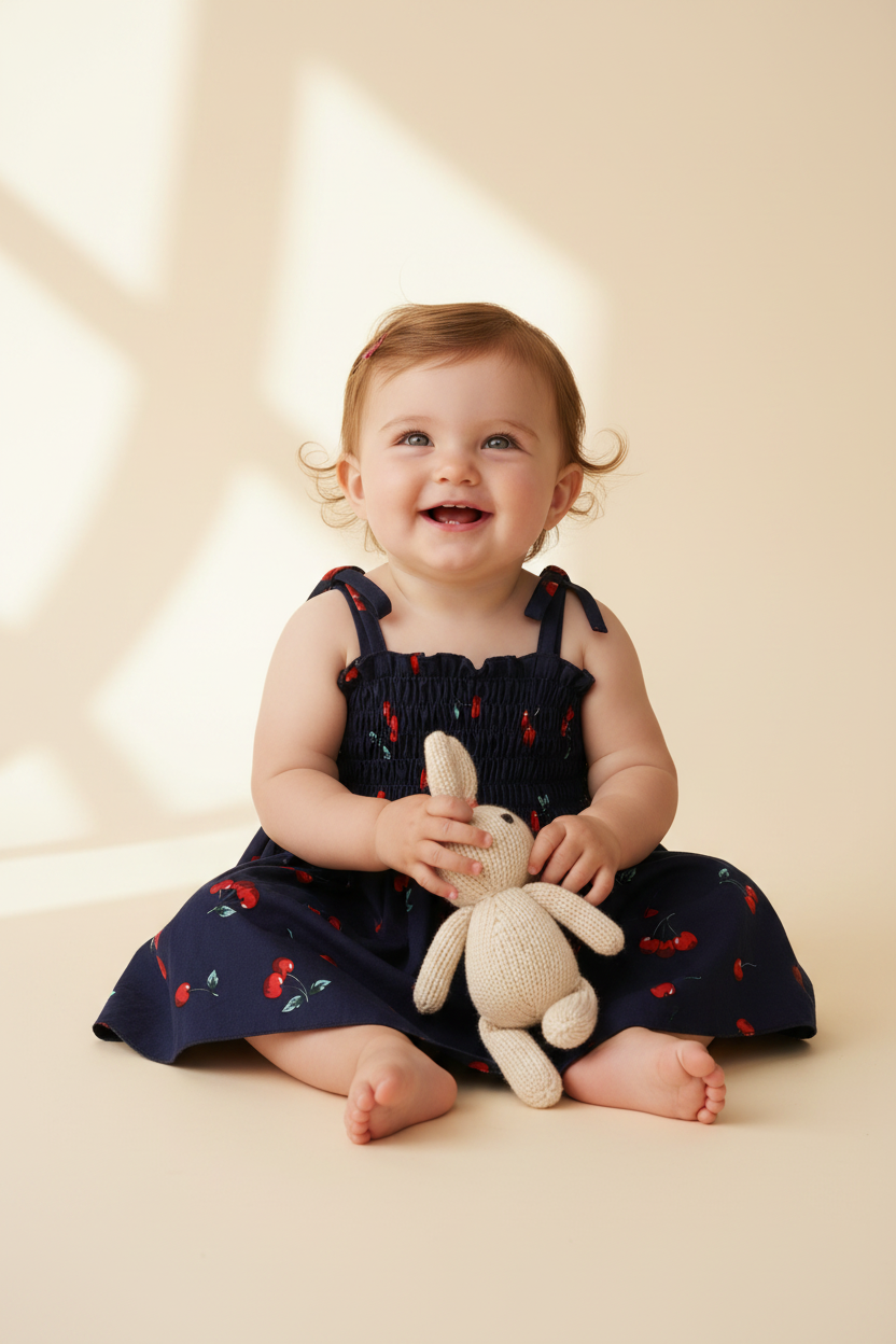 Baby girl in navy cherry print smocked dress lifestyle moment, infant boutique dress for summer and special occasions