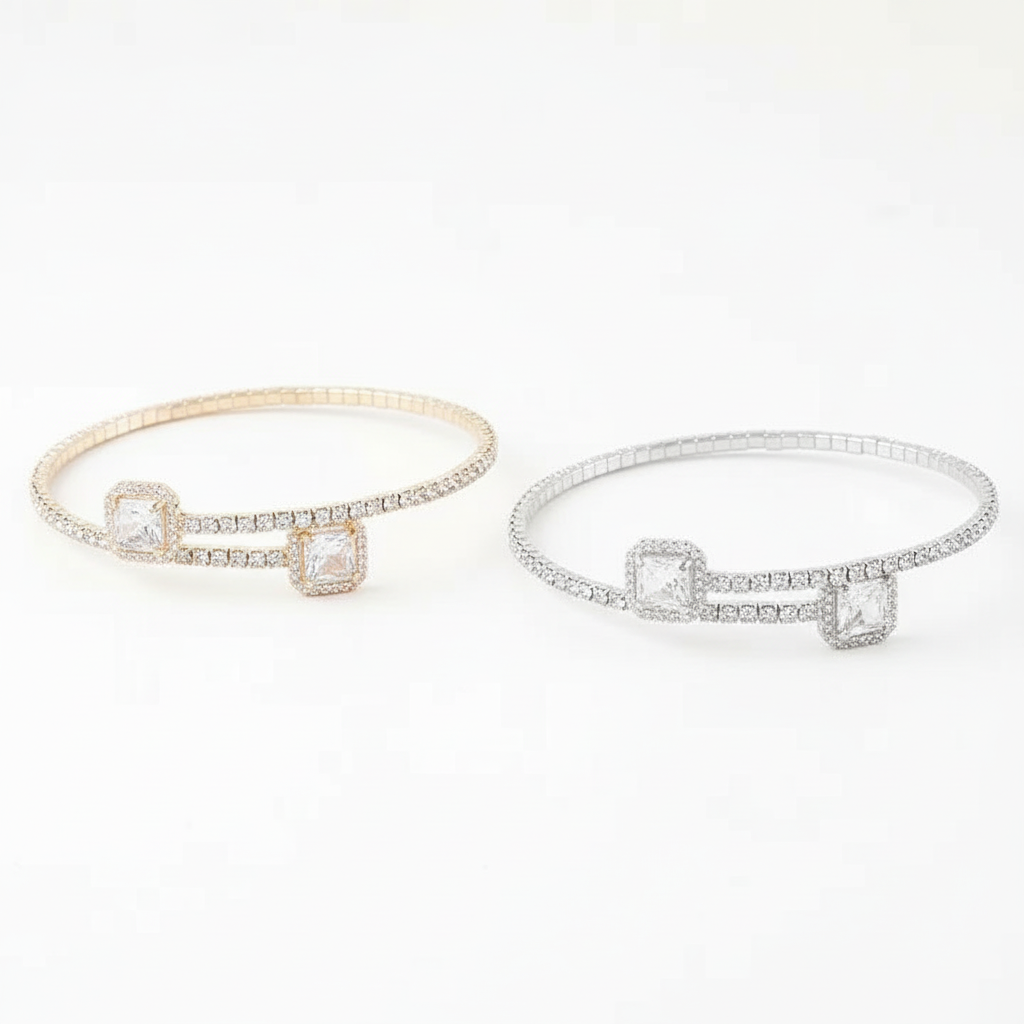 Crystal rhinestone cuff bracelets in gold and silver with square stone accents - comparison view

