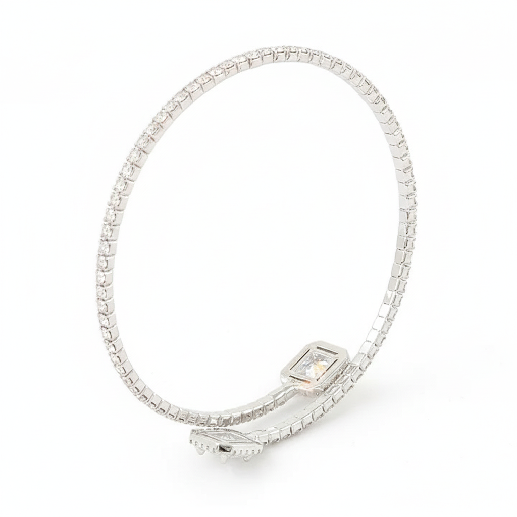 Silver crystal rhinestone cuff bracelet with square stone accents - side angle view
