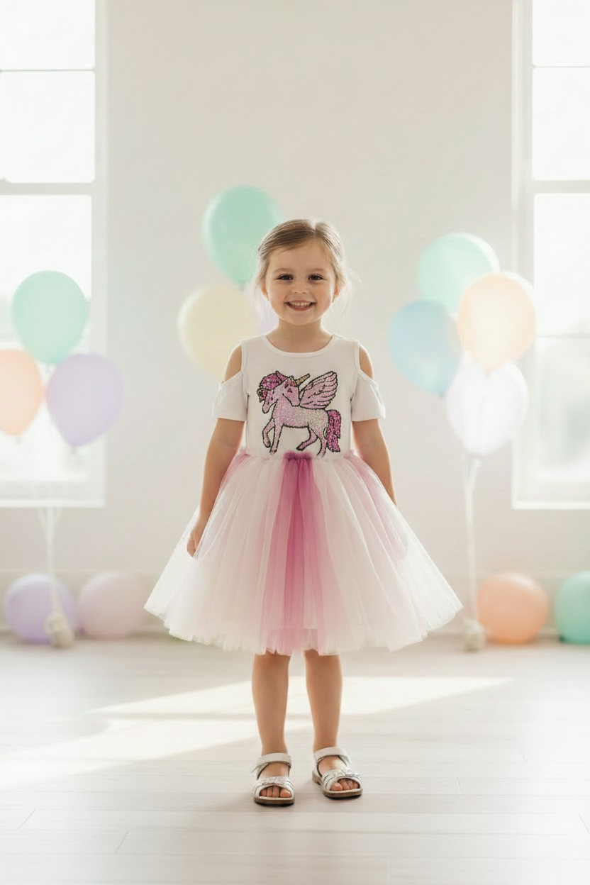 Happy little girl wearing white cold shoulder sequin unicorn dress with soft pink ombre tulle skirt and white sandals in a bright room with pastel balloons – girls' birthday dress by Pinktini