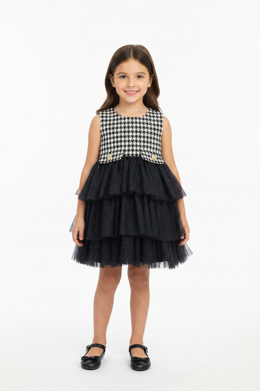 4-year-old girl wearing black cream houndstooth tweed and black glitter tulle tiered dress – girls special occasion party dress hero image