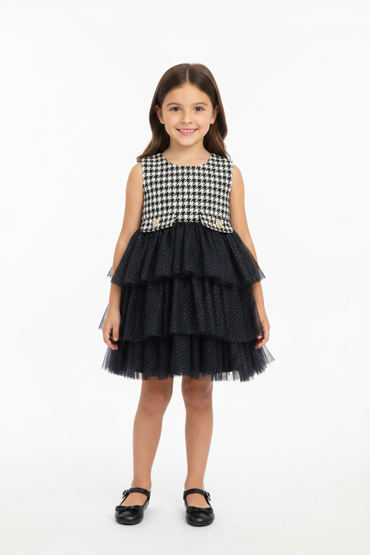 4-year-old girl wearing black cream houndstooth tweed and black glitter tulle tiered dress – girls special occasion party dress hero image