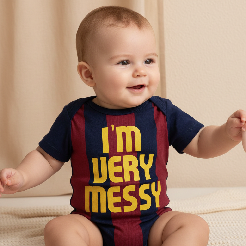Infant wearing navy and red striped soccer jersey baby onesie with yellow I'm Very Messy text, funny baby gift onesie boutique photography