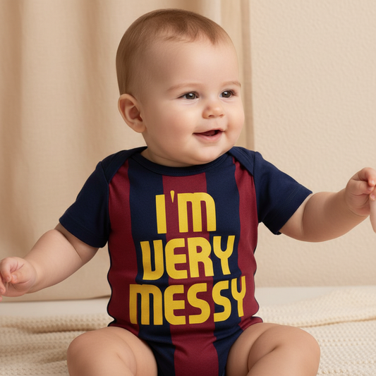 Infant wearing navy and red striped soccer jersey baby onesie with yellow I'm Very Messy text, funny baby gift onesie boutique photography