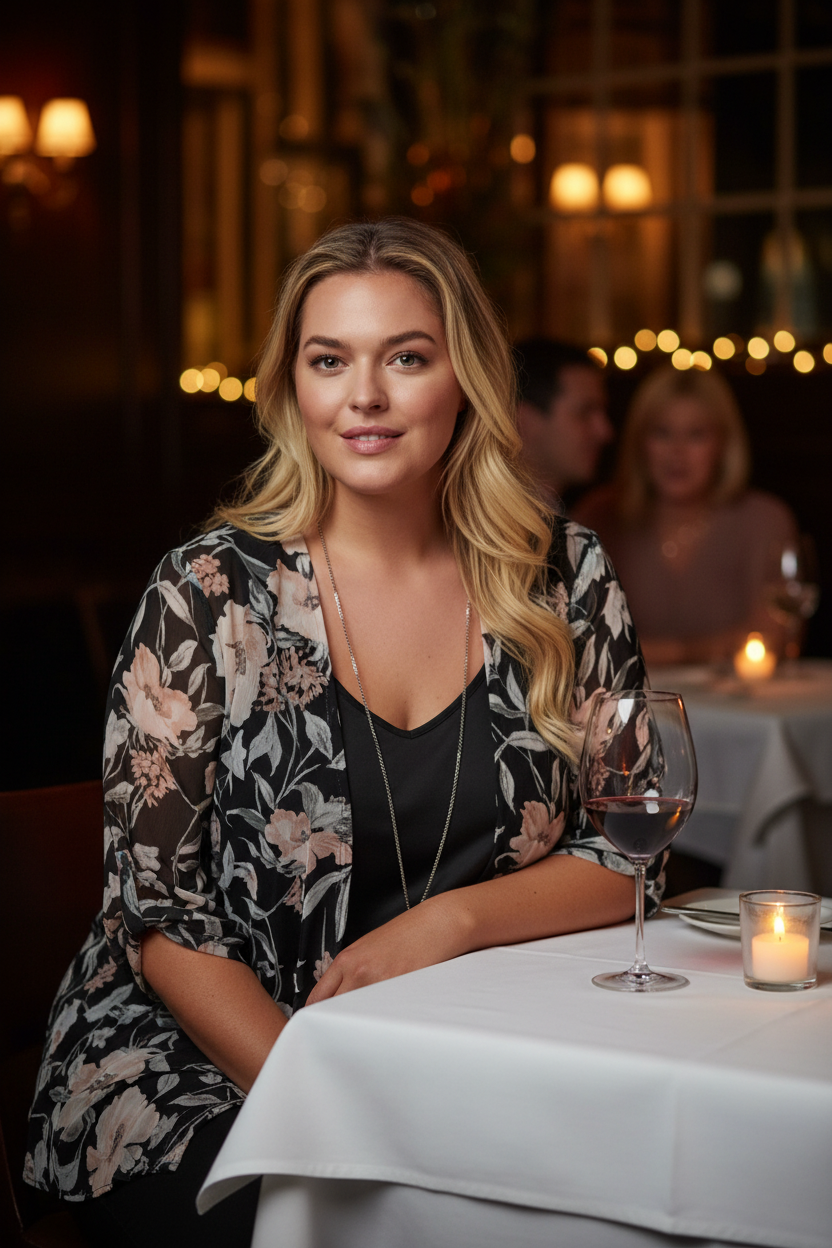 Plus size woman wearing black floral chiffon blouse set with silver necklace at restaurant, date night plus size outfit