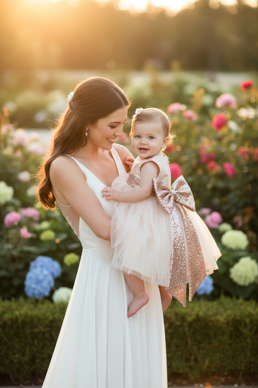 Mother holding baby girl wearing rose gold sequin glitter tulle dress at outdoor garden wedding – infant flower girl dress