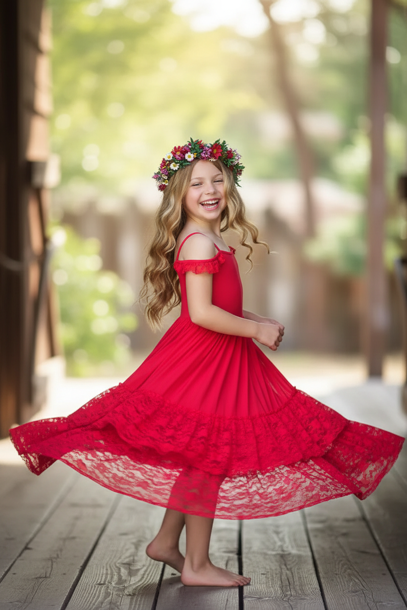 Girl twirling in ruby red tiered lace maxi dress showing dramatic skirt movement, girls flower girl and party dress
