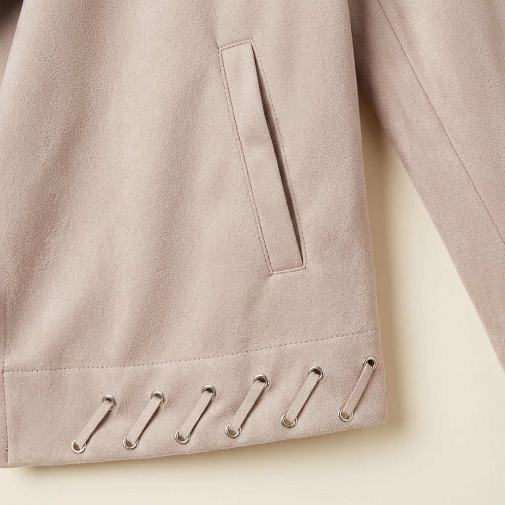 Close-up of blush faux suede jacket showing textured fabric, a welt pocket and matching diagonal hem lacing through silver-tone eyelets.