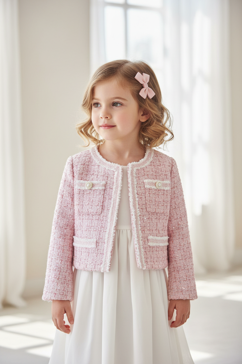 Young girl wearing pink sequin tweed jacket with pearl buttons and white fringe trim over white dress with soft curls and bow – girls holiday birthday flower girl outfit sizes 2T to 6