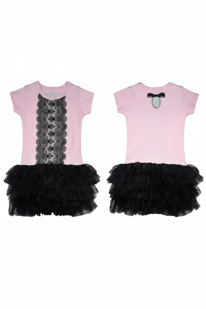 Pink baby girl onesie dress with black lace panel and multi-tiered black tulle ruffle skirt, premium flat lay product photography on white background