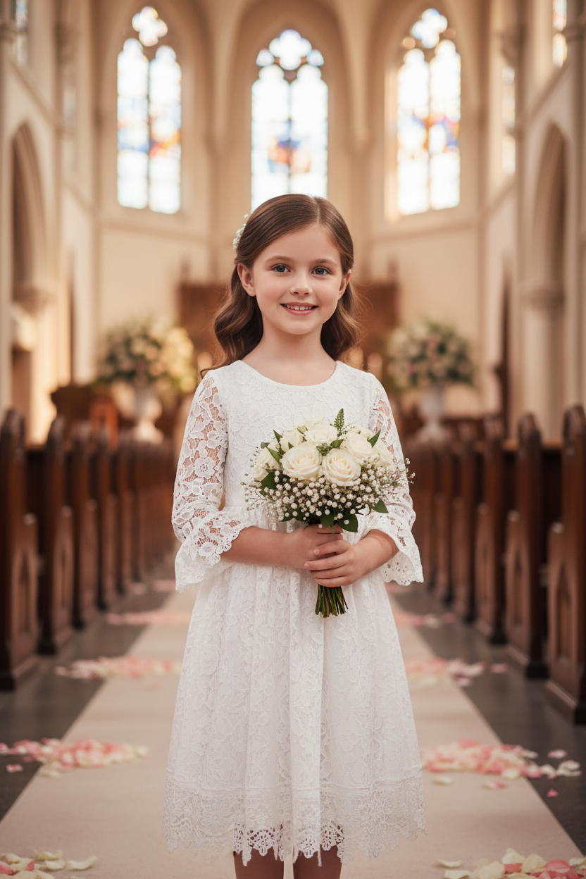 Girls white lace flower girl dress – knee length long sleeve floral lace tween dress for wedding communion
