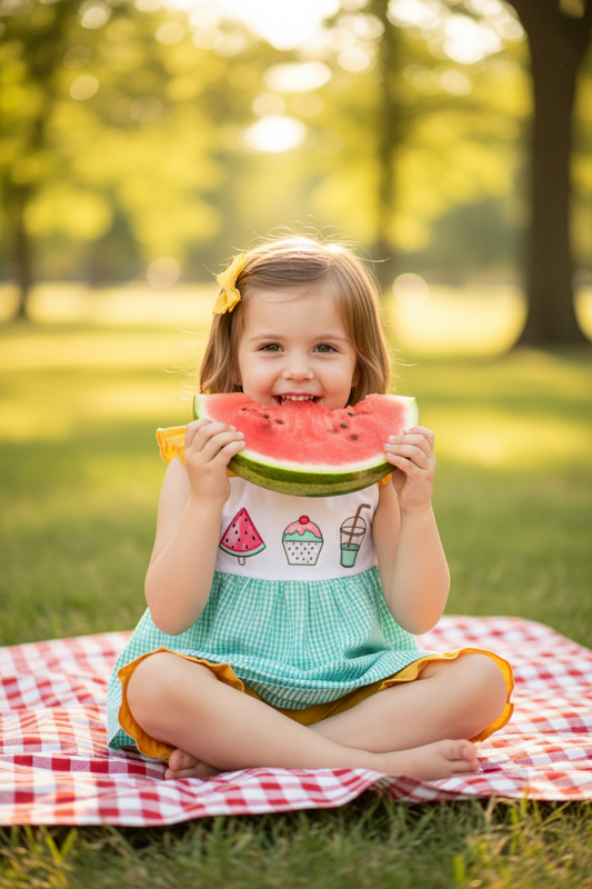 Little girl in mint seersucker embroidered top and mustard yellow ruffle shorts sitting on picnic blanket holding watermelon, summer kids outfit