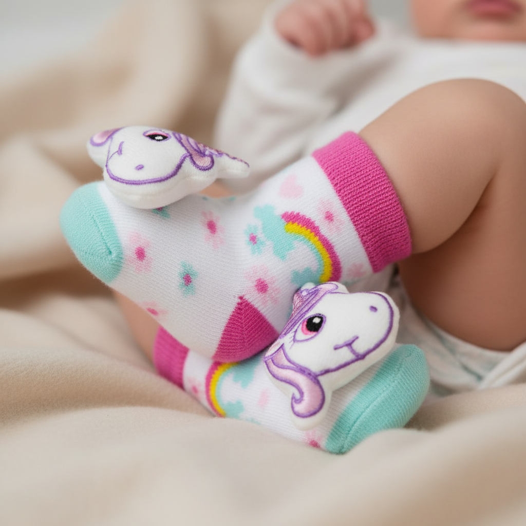 Baby feet wearing white rainbow and hearts print infant rattle socks with hot pink cuff and 3D unicorn face appliqué, boutique baby gift photography