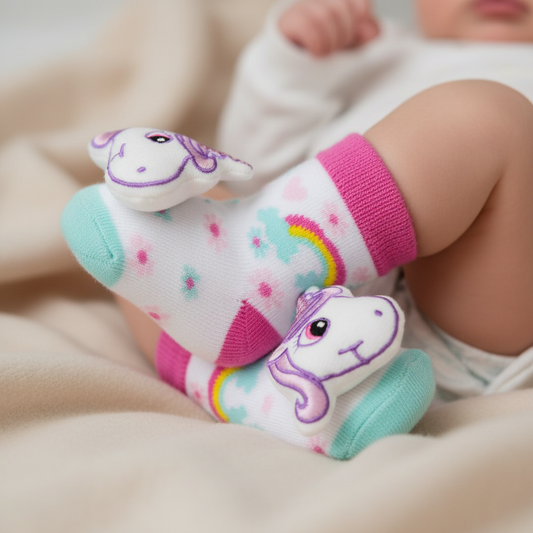 Baby feet wearing white rainbow and hearts print infant rattle socks with hot pink cuff and 3D unicorn face appliqué, boutique baby gift photography