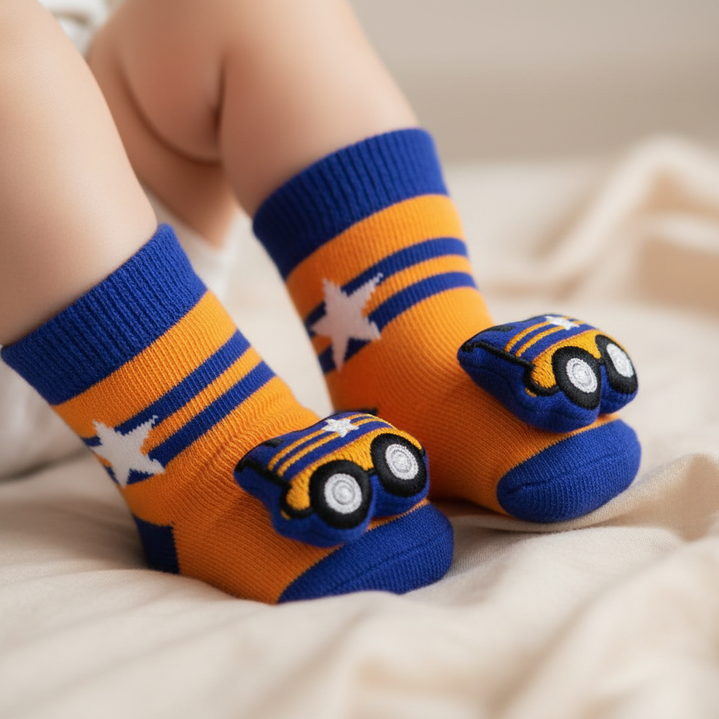 Baby feet wearing orange and blue striped infant rattle socks with 3D yellow and blue train appliqué, boutique baby gift photography