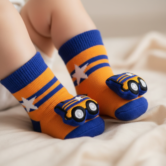 Baby feet wearing orange and blue striped infant rattle socks with 3D yellow and blue train appliqué, boutique baby gift photography