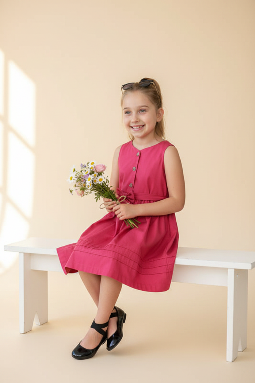 Girls cardinal red button-front dress lifestyle moment, boutique kids dress for summer parties and family photos