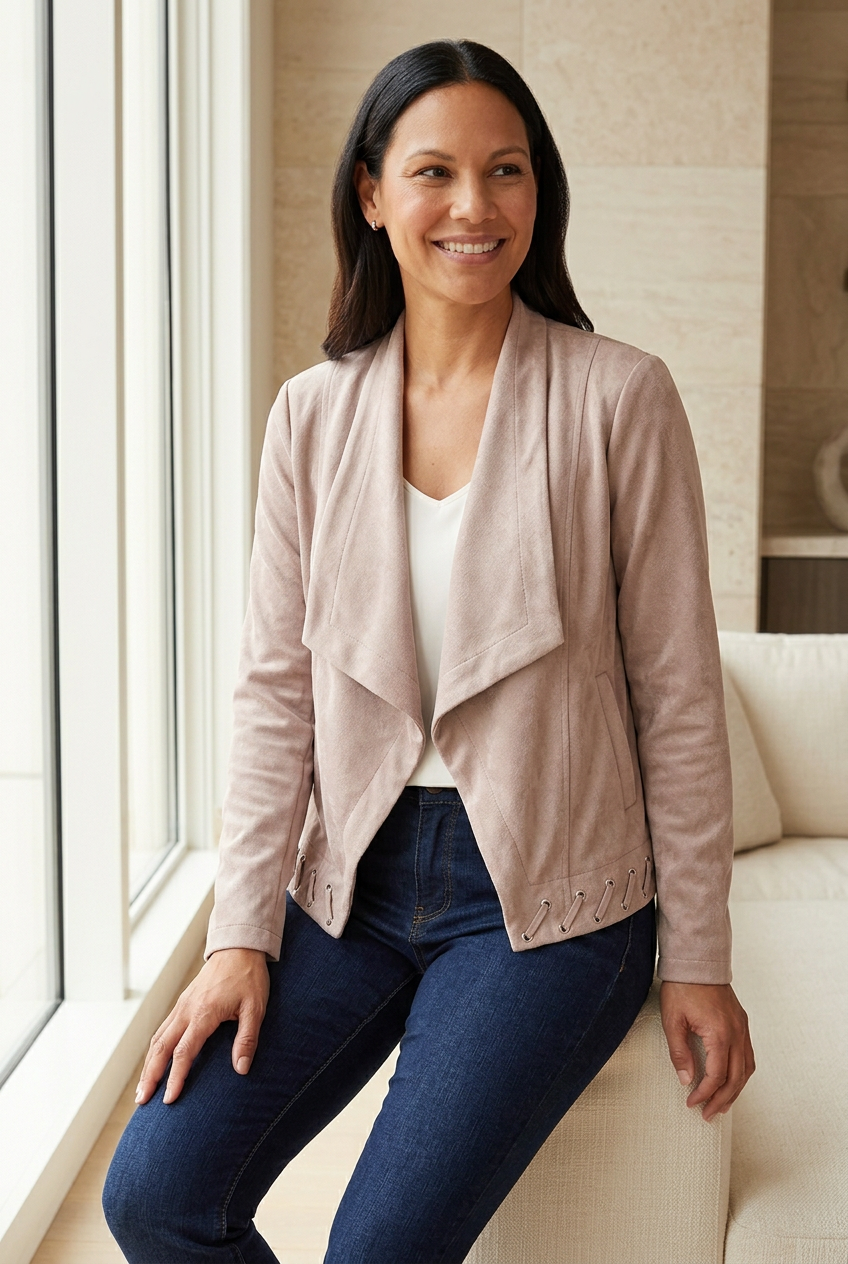 Blush faux suede waterfall jacket with lace-up hem styled with an ivory camisole and dark jeans, worn seated beside a lounge window.