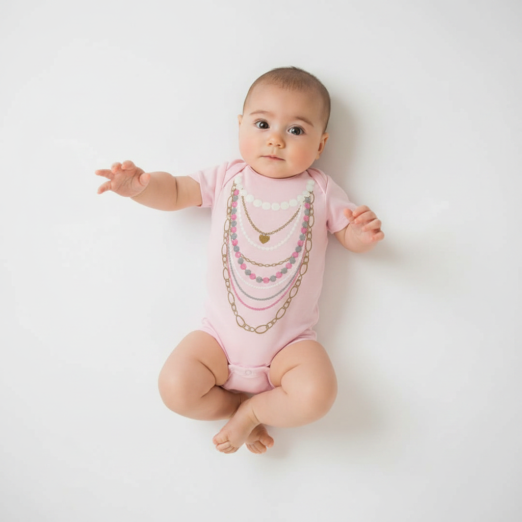 Infant girl wearing light pink baby onesie with layered pearl and gold chain necklace print, boutique baby gift photography on white background