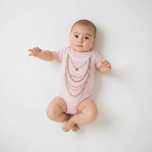 Infant girl wearing light pink baby onesie with layered pearl and gold chain necklace print, boutique baby gift photography on white background