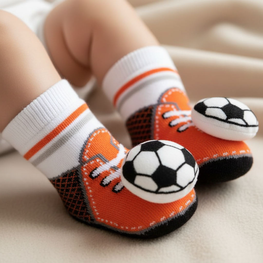 Baby feet wearing orange soccer cleat style infant rattle socks with 3D black and white soccer ball appliqué, boutique baby gift photography