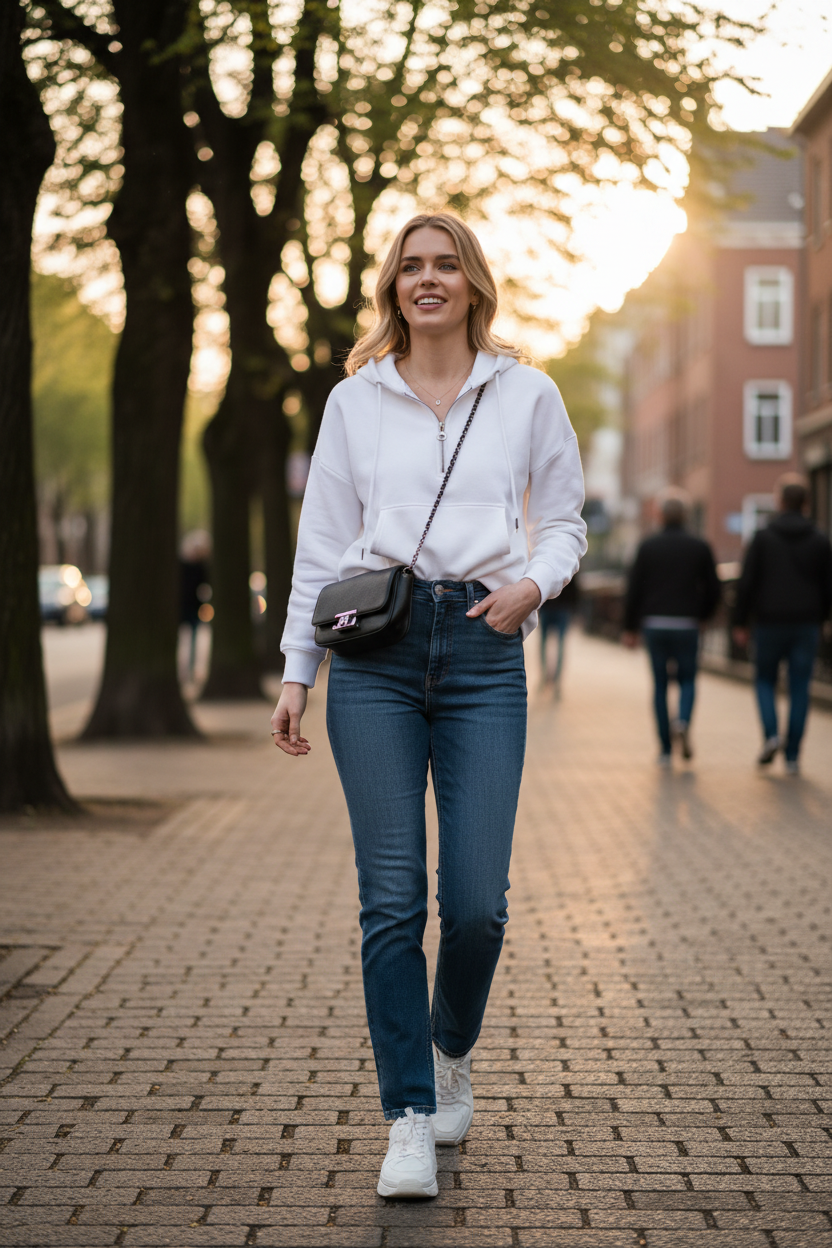 Woman wearing white half-zip hooded pullover sweatshirt with dark jeans and sneakers, casual chic athleisure street style