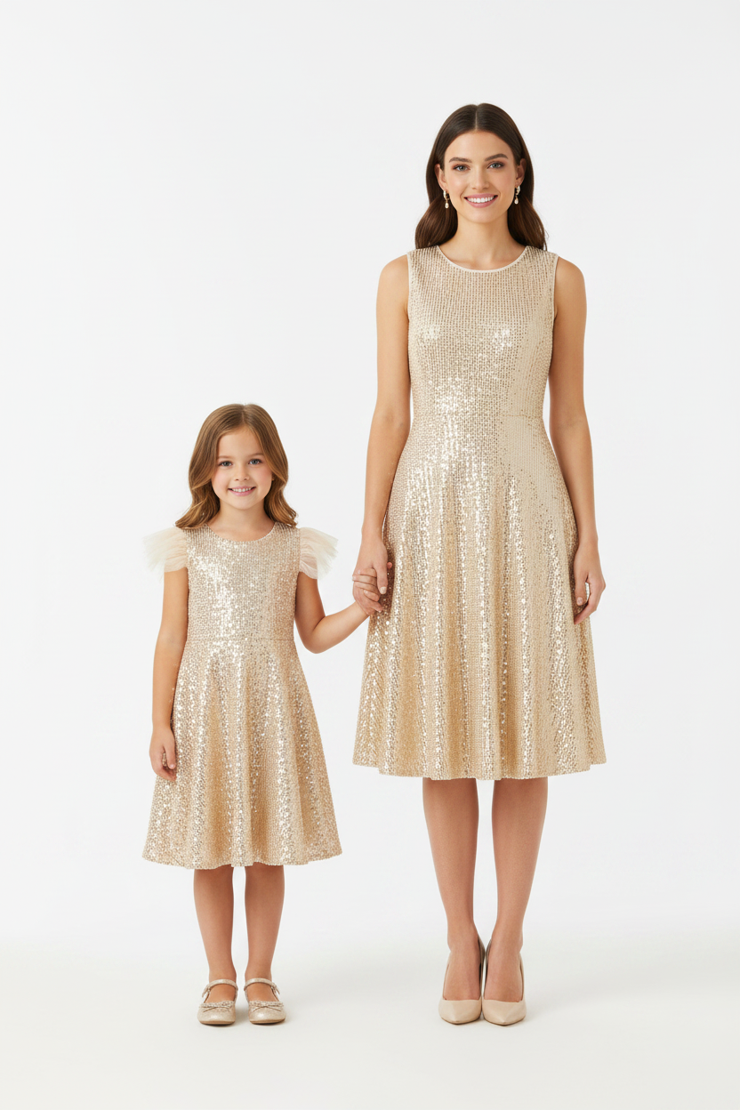 Mommy and me matching champagne gold sequin dresses – mother in knee-length A-line dress daughter in flutter sleeve sequin dress studio photo