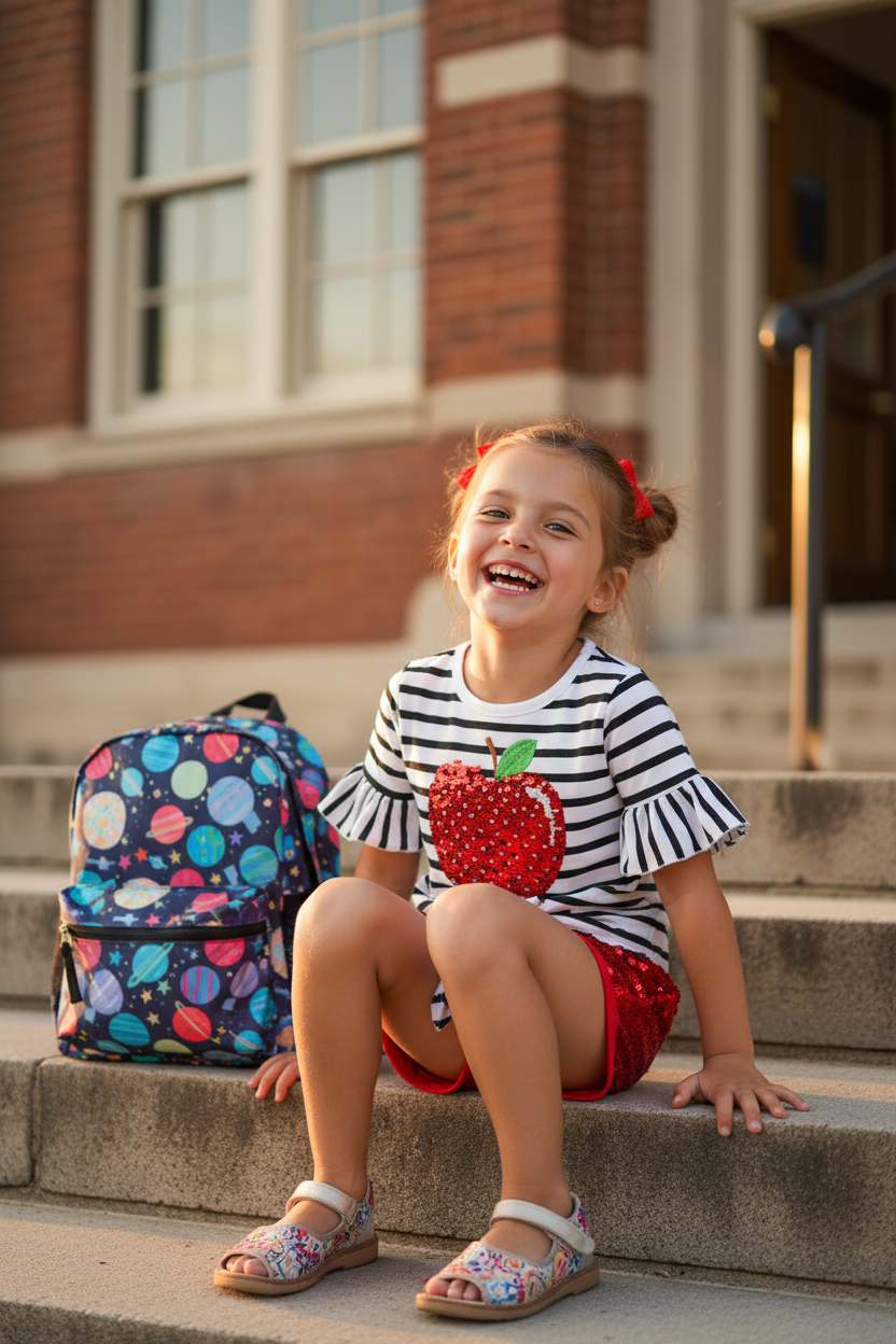 Girls back to school apple sequin outfit – striped top red shorts girls set kids back to school fashion