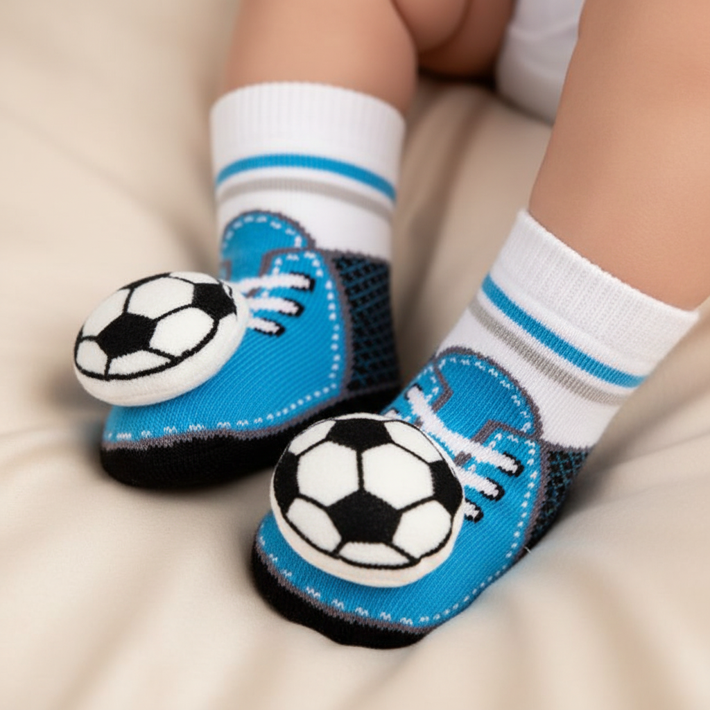 Baby feet wearing blue soccer cleat style infant rattle socks with 3D black and white soccer ball appliqué, boutique baby gift photography