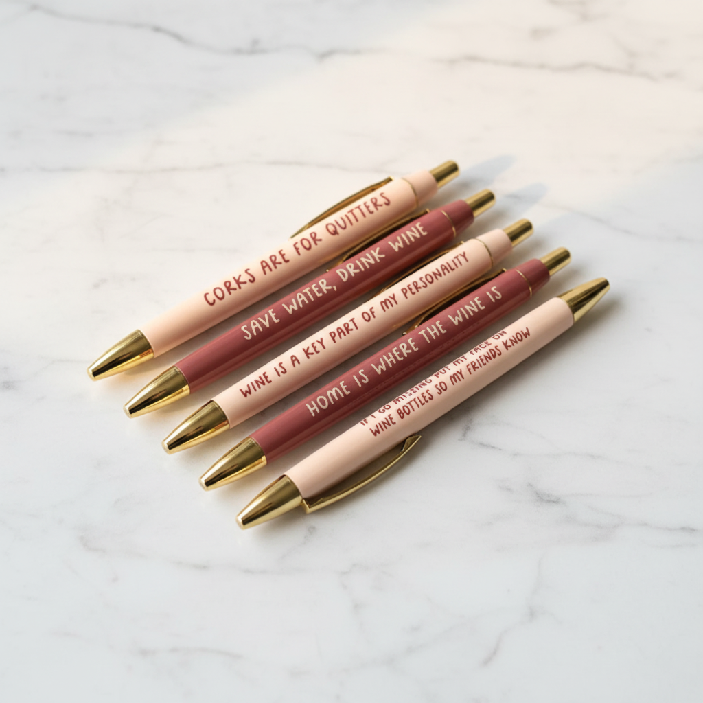 Wine Lovers funny pen set 5 cream and mauve pink pens with gold accents laid flat on white marble with no packaging – gift for wine lovers under $20