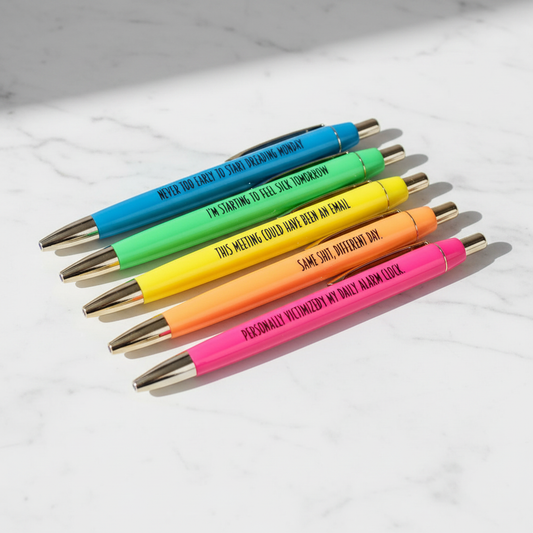 Work Sucks funny pen set 5 neon pens in blue green yellow orange and pink with visible sarcastic office sayings on white marble – coworker gift under $20