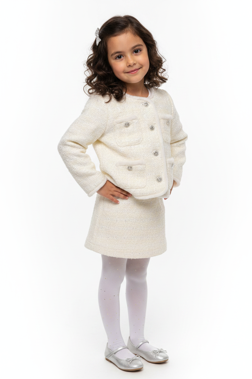 4-year-old girl wearing ivory tweed jacket with crystal buttons and faux fur trim – girls special occasion outerwear hero image