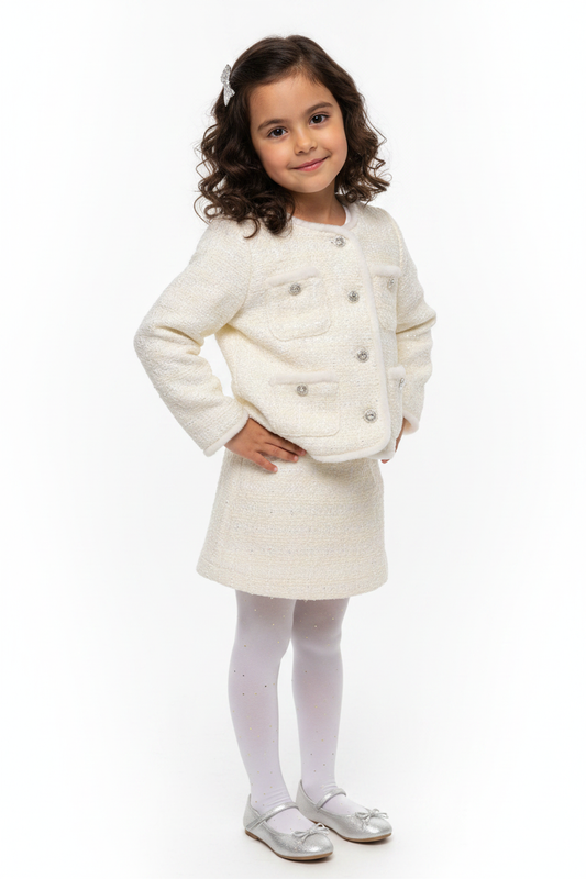 4-year-old girl wearing ivory tweed jacket with crystal buttons and faux fur trim – girls special occasion outerwear hero image