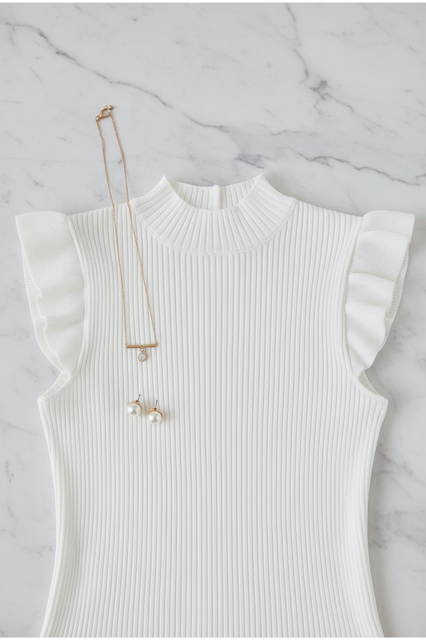 White ribbed knit sleeveless top with ruffle shoulder trim and mock neck, flat lay product detail shot on marble