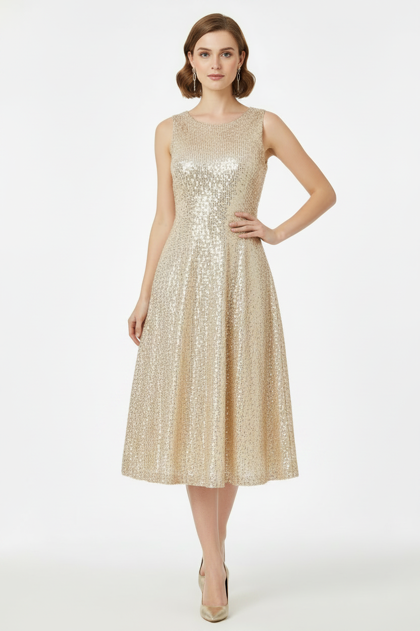 Women's champagne gold sequin sleeveless dress with slim A-line silhouette – knee length special occasion formal dress hero image