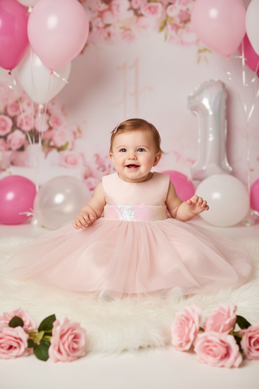 Baby girl in blush pink glitter tulle dress sitting on white fur rug with pink roses and balloons – infant first birthday special occasion dress