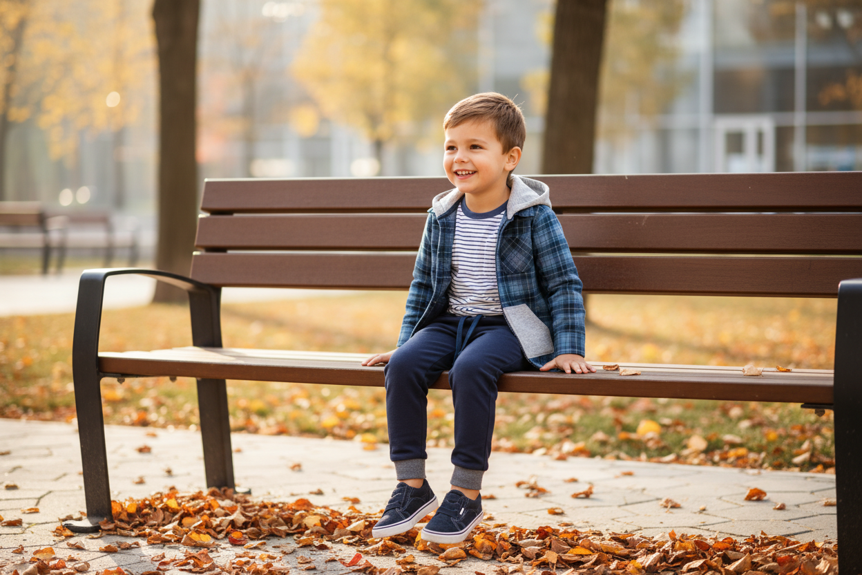Young boy wearing blue plaid hooded flannel jacket over striped tee with navy joggers playing outdoors in autumn park setting