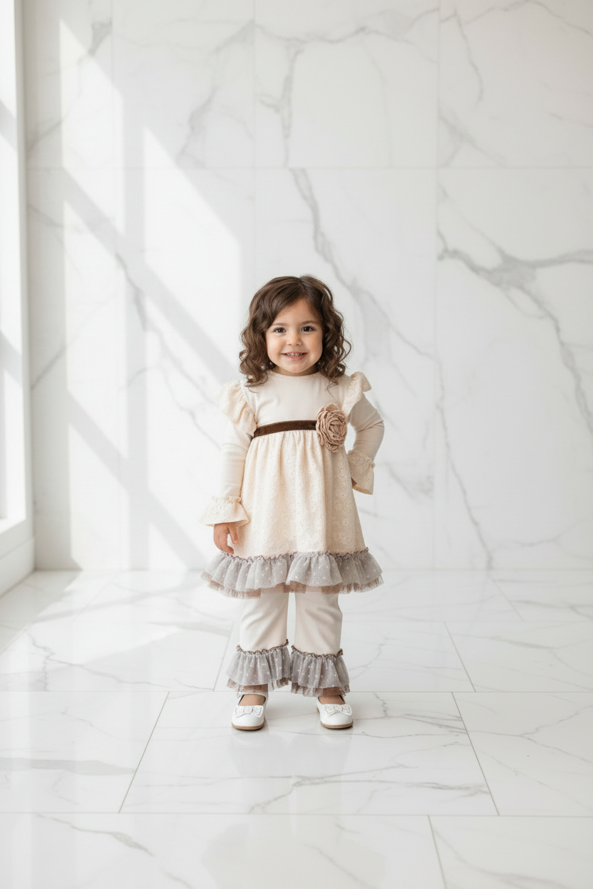 Toddler girl in cream eyelet swing top with brown velvet rosette and gray polka dot tulle ruffle pants, chic white studio lifestyle photo of girls boutique holiday outfit size 24M