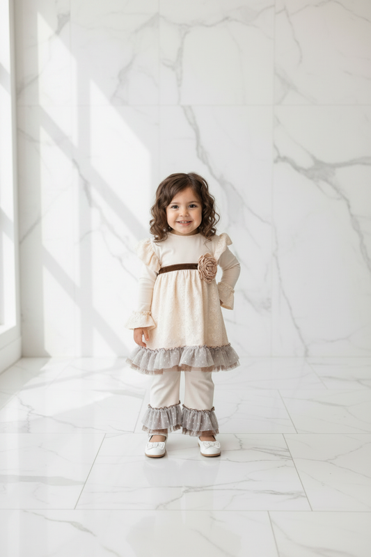 Toddler girl in cream eyelet swing top with brown velvet rosette and gray polka dot tulle ruffle pants, chic white studio lifestyle photo of girls boutique holiday outfit size 24M