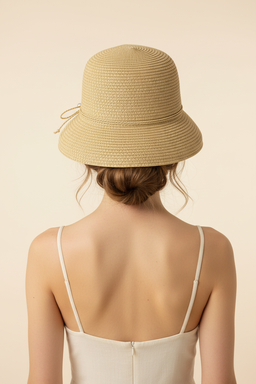 John Callanan paper braid cloche sun hat back view on model showing crown and brim