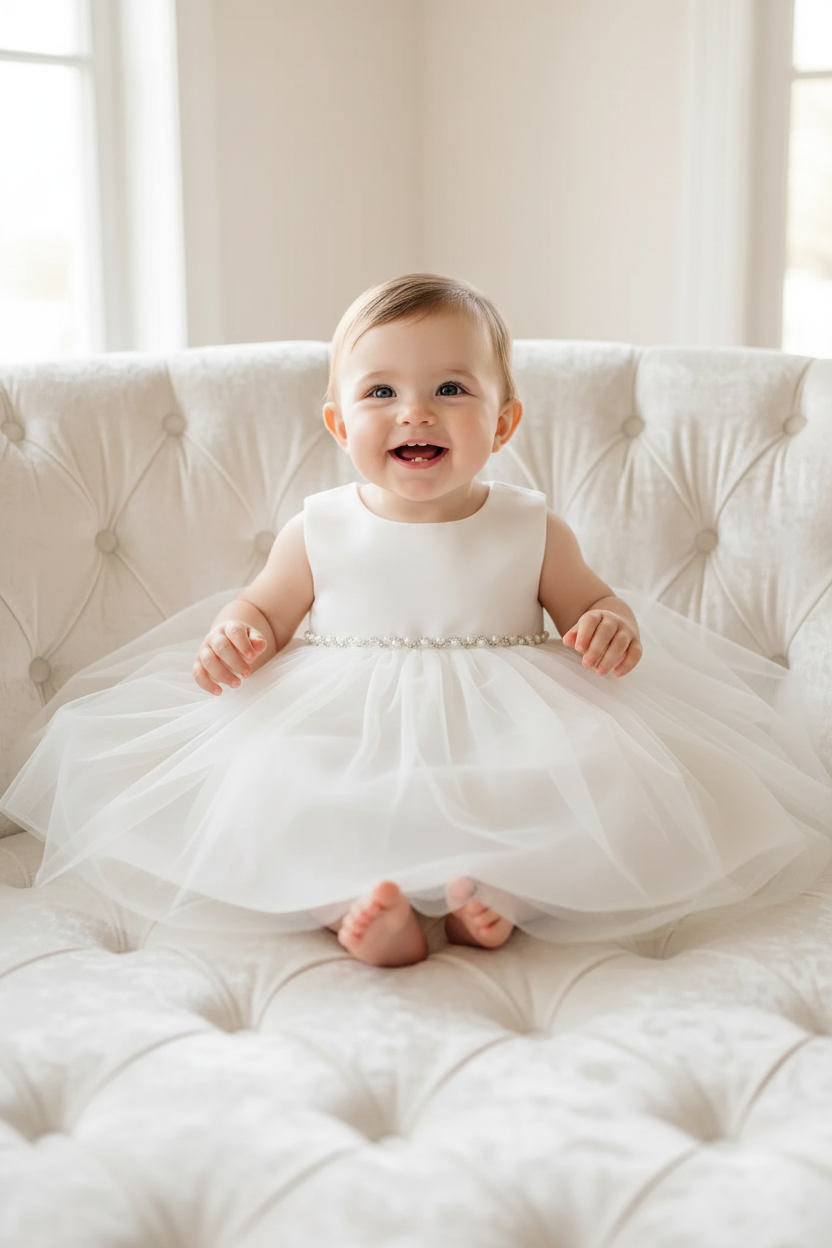 Baby girl in white satin tulle dress with pearl rhinestone waist trim sitting on white tufted surface – infant christening baptism newborn special occasion dress