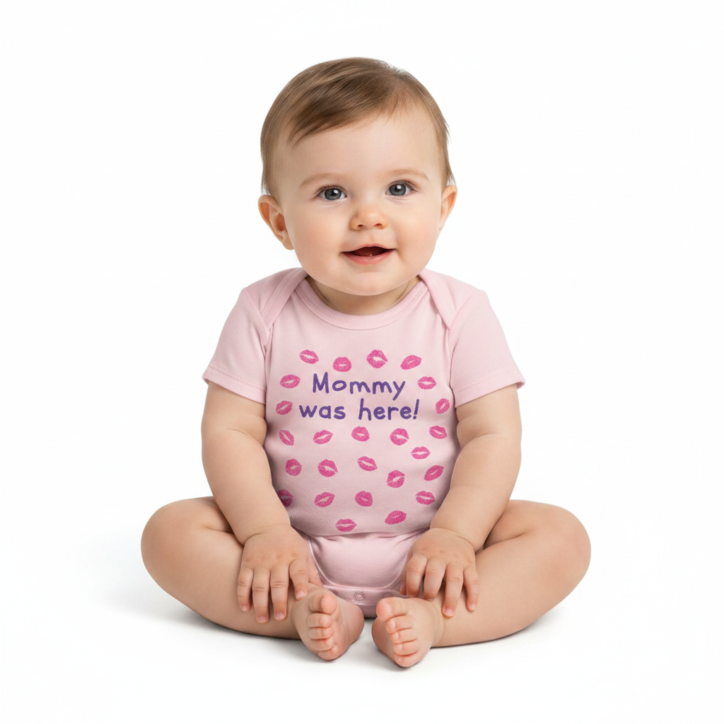 Infant wearing light pink baby onesie with pink lip kiss prints and Mommy Was Here text, funny baby shower gift onesie boutique photography