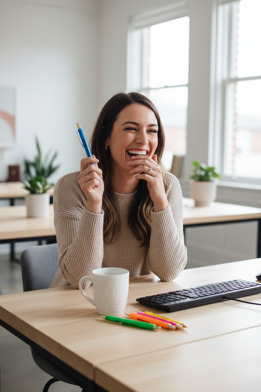 Woman laughing at office desk holding neon Work Sucks pen with full set fanned out beside keyboard and coffee mug – funny coworker office gift