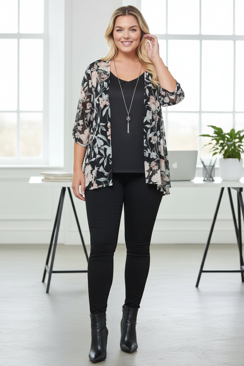 Plus size woman in black floral mesh layered blouse set with black jeans and heels in office setting, curvy women's fashion top