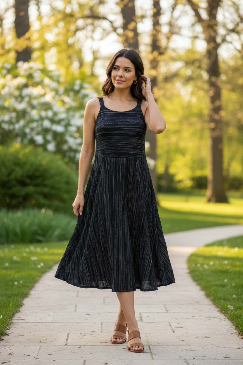 Black stripe midi dress outdoor spring styling – Comfy USA sleeveless empire waist casual dress worn outside
