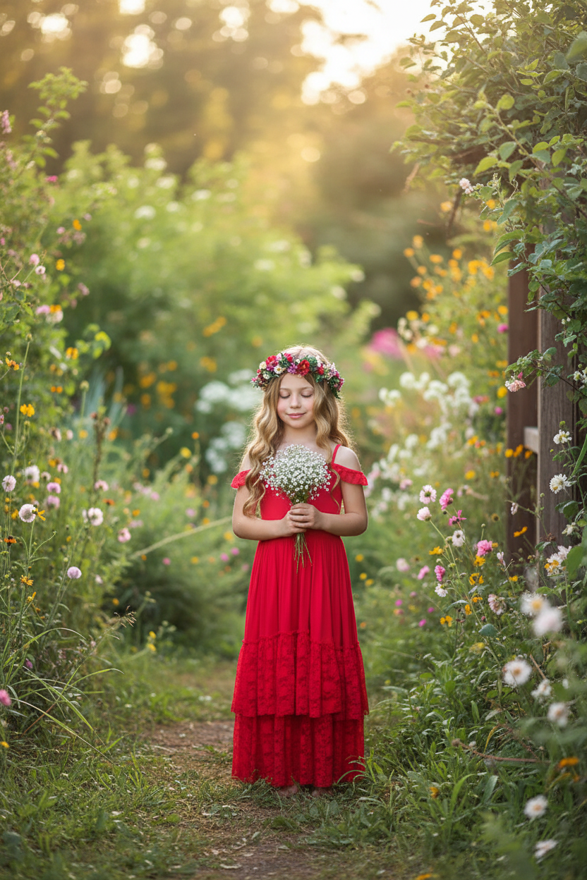 Girl in ruby red off-shoulder tiered lace maxi dress standing in garden with floral crown, girls special occasion dress