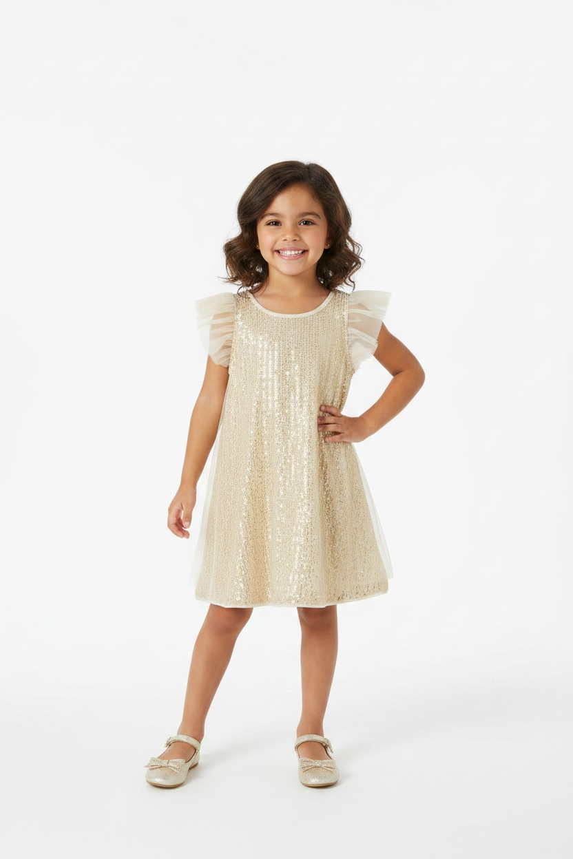 5-year-old girl wearing champagne gold sequin A-line dress with tulle flutter sleeves – girls special occasion party dress hero image