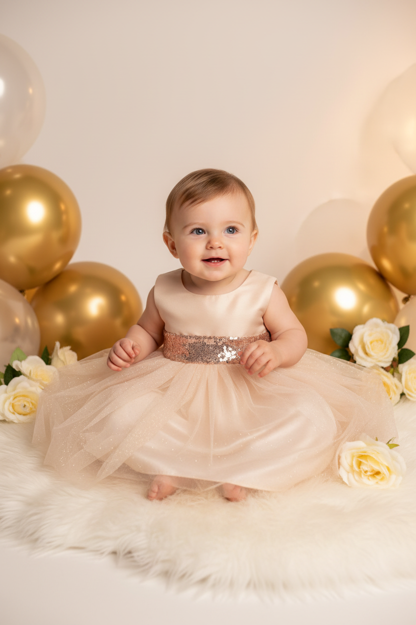Baby girl in champagne dress with rose gold sequin waistband and glitter tulle skirt sitting with gold balloons and roses – infant first birthday special occasion dress